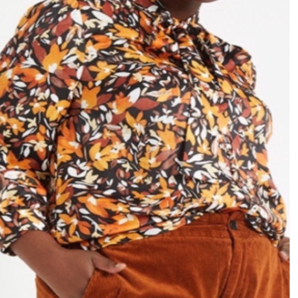 Eloquii  Autumn Fall Leaf Print  Neck Tie Blouse